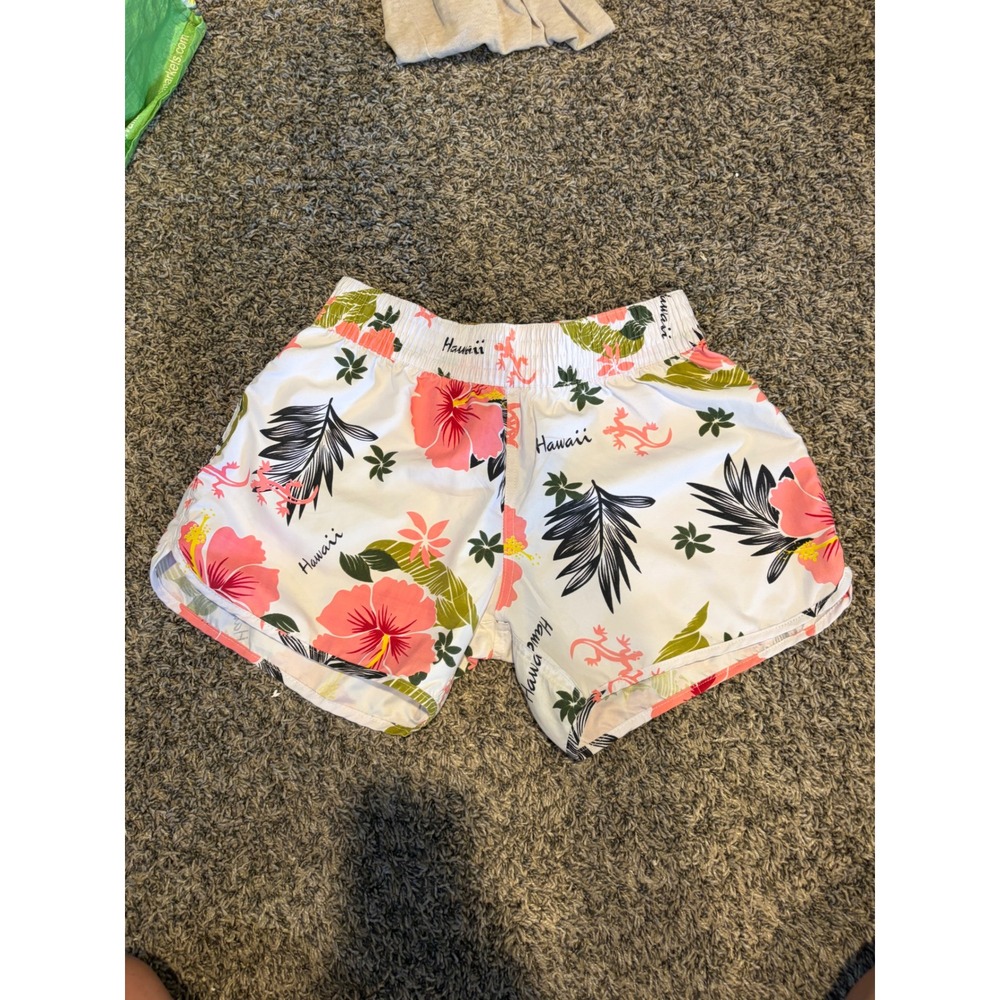 Sparkle Swimwear Hawaii Tropical Hibiscus Floral Board Shorts White Pink Large